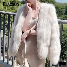 Women's Fur Faux Fur PLAZSON Pearl Edge Elegant White Faux Fox Fur Women Coat Cardigan Long Sleeve Artificial Fur Plush Jacket Party Meeting Outwear L230920
