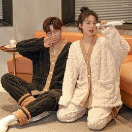 Men's Sleepwear Women Winter Warm Flannel Nightwear V Neck Kimono Sweet Couples Pajamas Set Plus Size 3XL Matching Homewear