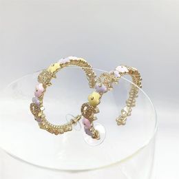 18k gold plated rhinestone hoop earrings Alluring purple light pink flower form Fashion brand designer earrings for women weddi157r
