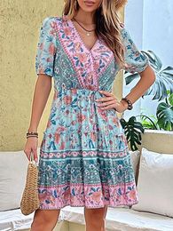 Casual Dresses 2023 Summer Elegant Boho Dress For Ladies Women Floral Print Ethnic Short Sleeve V Neck Mini Beach Wear Outfits Robe