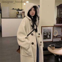 Women's Wool Blends Women Lamb Wool Coat Knee Over Mid Length Autumn Winter New Cowhorn Button Overcoat Japanese Loose Cotton Coats for Women Jacket L230920