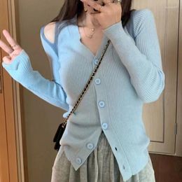 Women's Knits Sweet Sweater Slim Fit Tops Autumn Long Sleeve Solid Color Clothes Sexy Off Shoulder V-Neck Knitted Cardigan For Women 28782