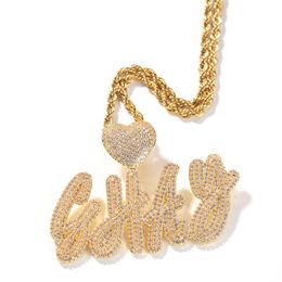 DIY Custome Name Letter Necklace Gold Plated Bling Iced Out CZ Heart Cursive Letter Pendant Necklace With Rope Chain for Men 2489