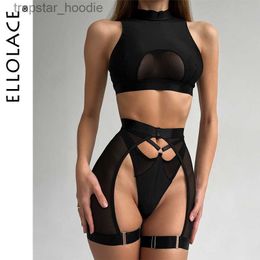 Sexy Set Ellolace Sexy Lingerie Set Woman 3 Pieces Vest Top Seamless Underwear Garter Belt Set Thong Black Intimate Exotic Sets L230920
