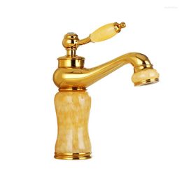 Bathroom Sink Faucets European-Style Golden And Cold Faucet Household Washbasin Drop-in Copper Lifting Basin Jade