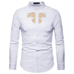 Men's Casual Shirts Luxury Embroidery Henley Shirt Men 2022 Brand Mandarin Collar Long Sleeve Dress Wedding Business Man220f