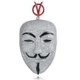 Hip Hop V for Vendetta Necklace Silver Colour Cubic Zircon Mask Pendant for Men Ice Out Tennis Chain Rapper Jewelry245G