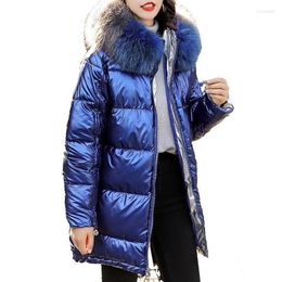 Women's Trench Coats Winter Women Cotton Jacket Fur Collar Hooded Glossy Plus Size Long Jackets Female Warm Thick Parka Coat Outwear Clothes