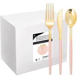 Dinnerware Sets 30 Pieces of Disposable Tableware Golden Plastic Silverware Cutlery Set Wedding Birthday Party Tableware Supplies 230920