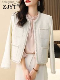 Women's Wool Blends ZJYT Luxury Beading Tweed Woollen Jackets for Women 2023 Autumn Winter Coats White Black Chaquetas Jacqueta Feminina Outerwear L230920