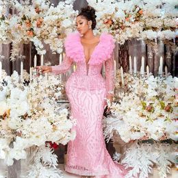 African Pink Plus Size Prom Mermaid Ruffled Tulle Sparkly Lace Evening Dress Aso Ebi Style Formal Dresses Party Gowns Es es