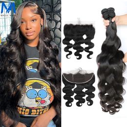 Synthetic Wigs 32 38 40 Inches Body Wave Human Hair Bundles with 13x4 Transparent Lace Frontal Brazilian Remy for Black Women 3 4 230920