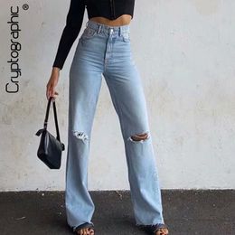 Women s Jeans Cryptographic Fashion Denim Ripped Distressed Woman High Waist Flare Pants Bottom Streetwear Trousers Ladies 230920