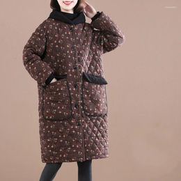 Women's Trench Coats 2023 Autumn Winter Women Thicken Cotton Padded Jacket Coat Casual Loose Floral Print Hooded Parkas Warm Overcoat