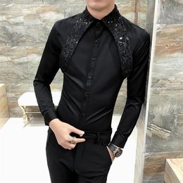 Men Shirt Slim Fit Long Sleeve 2020 Spring Tuxedo Shirt Men Sexy Lace Patchwork Casual Party Dress Shirts Mens Black White213e