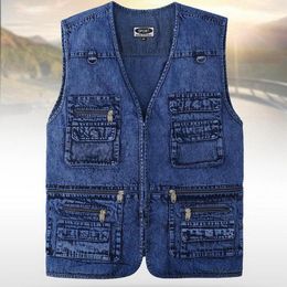 Men's Vests Denim Vest Jacket Deep Blue Sleeveless Outerwear Waistcoat Multi-pocket Trucker Biker Jeans Gilet
