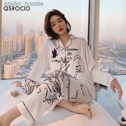 Women's Sleep Lounge QSROCIO Women's Pajamas Set Luxury Style Fashion Natural Animal Graffiti Sleepwear Silk Like Leisure Home Clothes Nightwear L230920