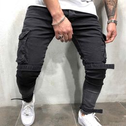 Skinny Biker Jeans Men Multi-pocket Bandage Slim Cargo Joggers trousers for Men Motorcycle Hip hop Streetwear Swag Denim Pants246m