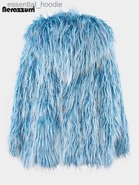 Women's Fur Faux Fur Nerazzurri Autumn Winter Blue Shaggy Hairy Thick Warm Faux Fur Coat Women with Hood Long Sleeve Loose Casual Fluffy Jacket 2023 L230920