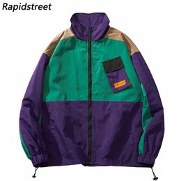 Men s Jackets Hip Hop Streetwear Jacket WindBreaker Retro Colour Block Patchwork Track Coat Men Harajuku Cotton Loose 2023 230920