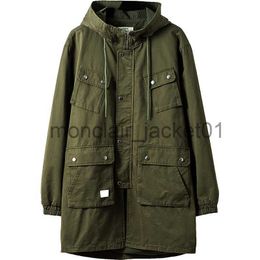 Men's Trench Coats Men's Military Tactical Hooded Trench Coat Zipper Mid-length Casual Windbreaker for Autumn and Spring Vintage Clothes Parka J230920