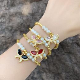 Charm Bracelets Red Crystal Butterfly For Women Copper Gold Plated Beads Chain CZ Jewellery Party Gifts Brta68