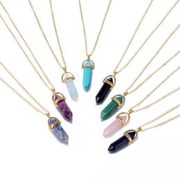 Fashion Hexagonal Prism Rose Quartz Opal Pendant Natural Stone Obsidian Crystal gold plated Pillar Necklaces for women jewelry