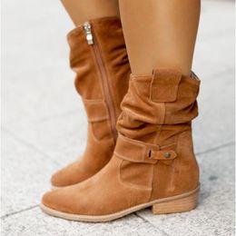 Boots Winter Warm Suede Women Vintage Zipper Shoes Buckle Lady MidCalf Boot Outdoor Thick Low Heel Female Pointed Booties 230920