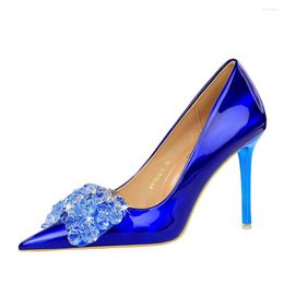 Dress Shoes 34-43 Banquet For Women High Heels Stiletto Pointed Crystal Bow Women's Green Blue Red Pumps