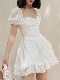 Casual Dresses White Hook Plleated Dress Retro Cute Sweet Y2k Sundress Short Sleeve Square Collar Women Korean Fairycore