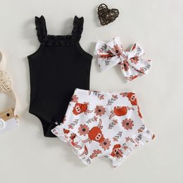 Clothing Sets 0301 Lioraitiin 018M Infant Baby Girl 3Pcs Outfit Black Sleeveless Ruffle Bodysuit Cattle Head Print Shorts Headband 230919