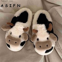 Slippers ASIFN Girls Milk Cow Cushion Slippers Women Home Slides Fluffy Winter Warm Cartoon House Cute Funny Shoes Zapatos De Mujer Q230920