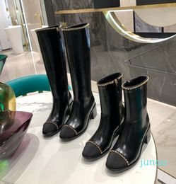 Metal decoration side zipper boots chunky heel tall Chelsea boot leather shoes Almond Toes riding boots luxury designers brands shoe for factory footwear