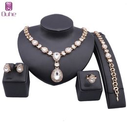 Women Dubai Gold Color Crystal Zircon Bridal Necklace Earring Ring Bracelet African Beads Jewelry Sets