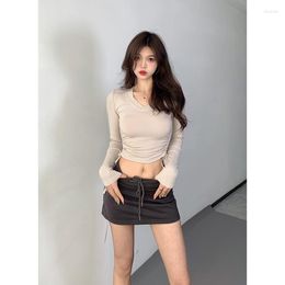 Women's T Shirts V-neck Long WOMENGAGA Sleeve T-shirt For Women Slim Drawstring Pleats Body Spicy Sexy Korean Tees Sweet Tops O7CO