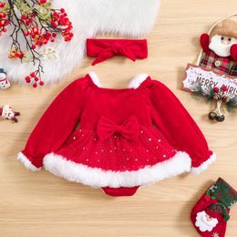 Rompers FOCUSNORM 2pcs Infant Baby Girls Christmas Romper Sets Long Sleeve Velvet Sequined Tulle Patchwork Jumpsuits Dress with Headband 230919