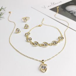 Necklace Earrings Set 4 Pieces Hollow Heart Zircon Pendant Bracelet Ring Fashion Ladies Colour Irregular