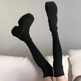 Boots Over The Knee Sock for Women 2023 Winter Fashion Slip on Platform Shoes Stretch Thick Heels Knitted Long Boot 230920