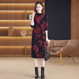 2023 Fashion Black Elegant Graphic Sweaters Autumn Winter Women Designer O-Neck Slim Going Out Vacation knitted jumper Dresses Long Sleeve Travel Party Midi Frocks