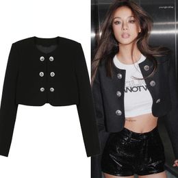 Women's Jackets Korean Fashion Chic Double Breasted Short Women Long Sleeve Black Cropped Coat Female Outerwear