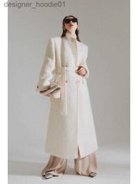 Women's Wool Blends Mohair Loop Woollen Jacket 2023Autumn/Winter Korean-Style Double Breasted Lace Up Tie Loose Long Women Wool Alpaca Coats L230920