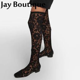 Boots Spring Autumn Fashion Overtheknee High Boot Sexy Flower Square Toe Lace Sock Women Zip Low Heel Large Size 230920