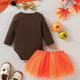 Clothing Sets Thanksgiving Baby Girl Skirt 3Pcs Outfit Letter Long Sleeve Romper Tulle Tutu Dress Headband Clothes Set