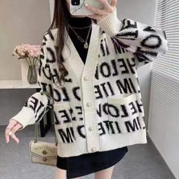 Women's sweater jacket cashmere cardigan mid-length knitted V-neck loose striped sweater ladies trench coat