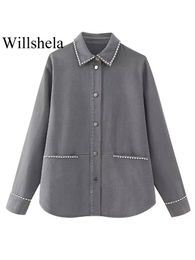 Women' Blends Willshela Women Fashion With Beading Grey Single Breasted Shirt Jackets Vintage Lapel Neck Long Sleeves Female Chic Lady Outfits 230920