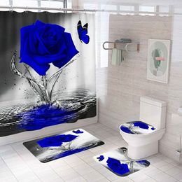 Shower Curtains Rose Flower Waterproof Bathroom Shower Curtain Set Non-Slip Rugs Bath Mat Toilet Lid Cover Carpet Polyester Home Decor 230919