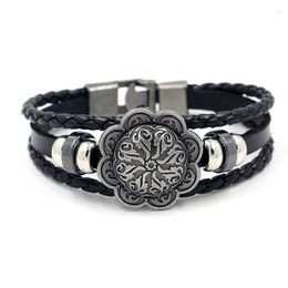 Strand Viking Rune Sun Flower Multilayer Handmade Wove Leather Bracelet Vintage Men Casual Fashion Hand Chian Jewellery Accessory Gift