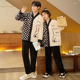 Men's Sleepwear Korean Fashion Flannel For Couples Winter Warm Nightwear Women And Men Kimono Pyjamas Set Coral Fleece Homewear