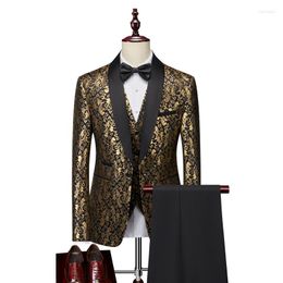 Men's Suits Luxury Gold Jacquard Suit 2 Piece Set Business Banquet Party Dress 2023 Fashion Wedding For Men