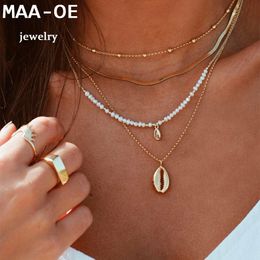 Pendant Necklaces Gold Color Faux Pearl Snake Chain Shell For Women Necklace Multi Level Female Boho Vintage Jewelry Gift 230919